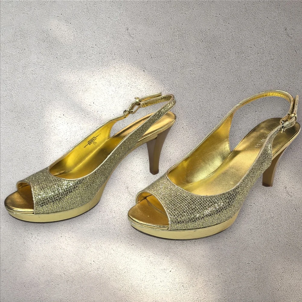 Nine West Gold‎ Metallic Glitter Slingback Heels Size 10
